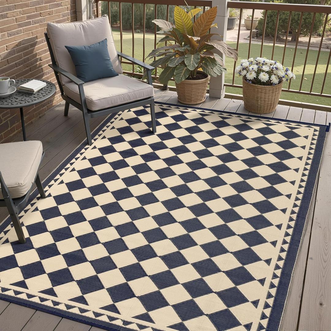 HUGEAR Outdoor Rug for Patios Clearance,Waterproof Mat,Large Outside Carpet,Reversible Plastic Straw Camping Rugs,Rv,Porch,Deck,Camper,Balcony,Backyard (6x9,Checkered/Black&Beige)