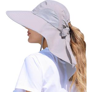 Womens Sun Hat Outdoor UV Protection Wide Brim Fishing Hat with Ponytail Hole Neck Flap for Beach Hiking Camping (One Size)