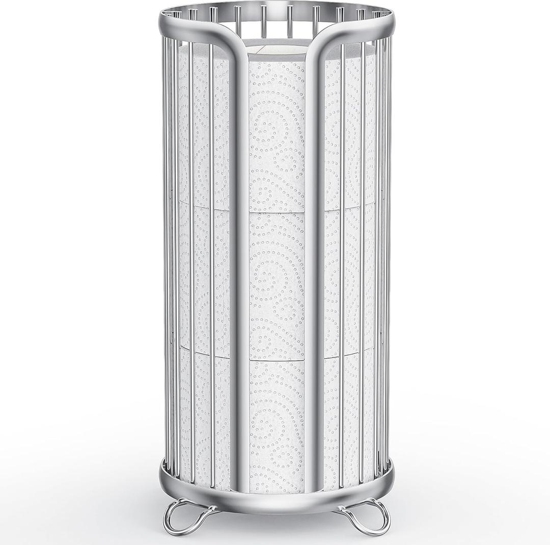 Toilet Paper Holder Stand, Freestanding Toilet Tissue Organizer, Minimalistic Storage Solution, Reserve Mega Rolls-Silver