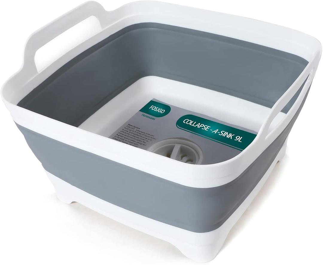 2.4 Gal(9L) Collapsible Dish Basin with Drain Plug,Space Saving Multiuse Foldable Sink Tub,Dishpan,Kitchen Sink for Camping,Plastic Tub,Vegetable Washing,Beverage Tubs (Gray)