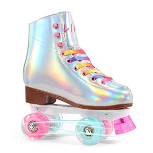 LIKU Quad Roller Skates for Girls and Women with All Wheel Light Up, Indoor/Outdoor Lace-Up Fun Illuminating Roller Skate for Kid (Shiny, 1-2)