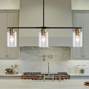 HuisMier Kitchen Island Lighting, 3 Lights Linear Farmhouse Chandelier, Black and Gold Dining Room Light Fixture with Glass Shades, Modern Pendant Light Fixture for Kitchen Island Living Room Foyer