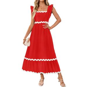 ZESICA Women's Summer Sleeveless Ruffle Dresses Square Neck Backless Boho Flowy Maxi Sundress with Pockets (Red) XLarge