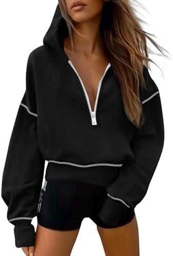 PRETTYGARDEN Women's 2025 Fall Hooded Sweatshirts Long Sleeve Half Zip Cropped Hoodies Pullover Winter Fashion Clothes M