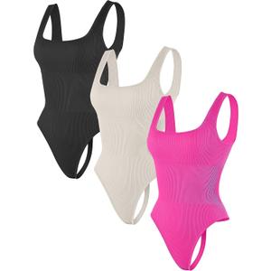 HEGALY Thong Bodysuits for Women 3 Piece Sexy Ribbed Seamless Tummy Control Shapewear Sleeveless Square Neck Tank Top (Small, Black Rose Beige)