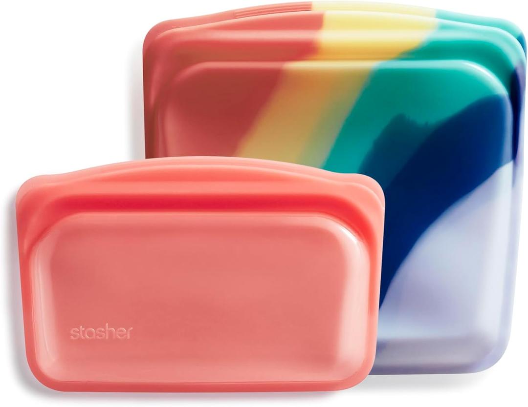 Stasher Premium Silicone Reusable Food Storage Bags, 2-Pack, Multi, Multi-Use Food Storage Bags, Lunch Bag, Travel Containers, BPA Free, Leak-free, Dishwasher-Safe, Eco-friendly (Rainbow Splash + Red)