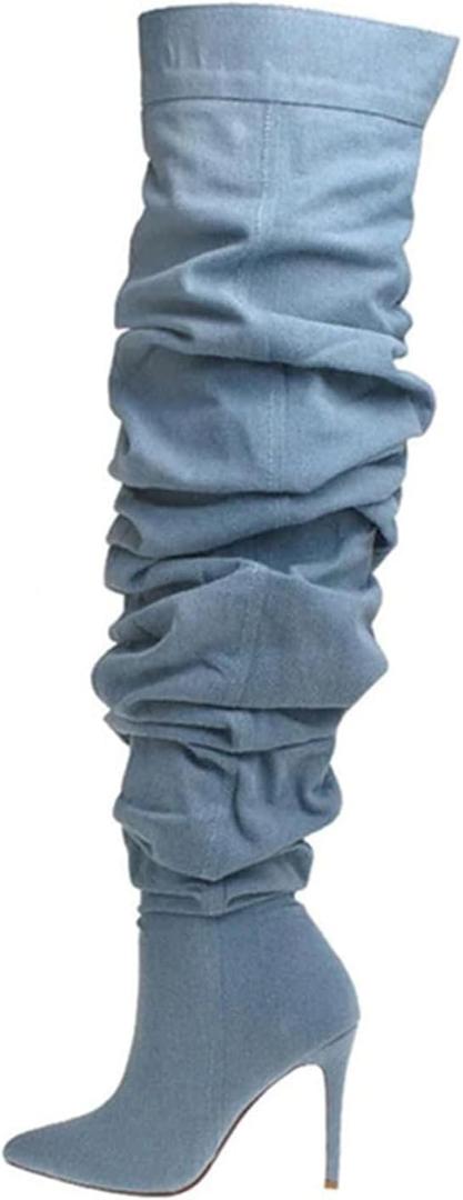 THESHY Women's Slouchy Over The Knee Boots Denim Pointed Toe Stiletto Heel Thigh High Boots Pleated Tall Fashion Sexy Bootie (9.5, Blue)