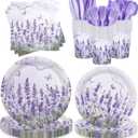 168pcs Purple Lavender Floral Paper Plates Napkins Disposable Tableware Butterfly Flower Party Supplies for Birthday Wedding Baby Shower Serve 24 Guests