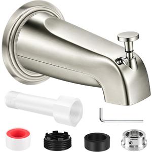 Universal Brushed Nickel Tub Spout with Diverter, Metal Cover and Adapter | Pull Down Bathroom Tub Faucet Replacement, for 1/2" Copper Pipe, 1/2" IPS & 3/4" IPS threaded, Bathtub Spout with Hex Wrench