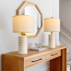 PoKat 20.75" Small Modern Ceramic Table Lamps Set of 2 for Bedroom, White Bedside Lamps for Night Stands, Farmhouse Desk Decor Nightstand Table Lamps for Living Room End Table Beige