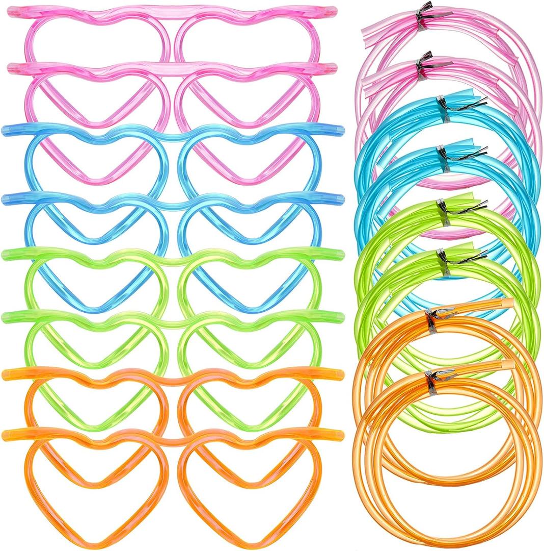 8PCS Silly Straw Glasses, Reusable Fun Loop Drinking Straw Eye Glasses, Novelty Eyeglasses Straw for Party Annual Meeting Parties Birthday (4 Colors Heart)