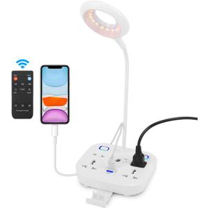 LED Desk Lamp, Adjustable Table Light with Remote Control, Eye-Caring Dimmable Office Lamp with 2 USB Charging Ports, 4 AC Power Outlets, Phone Stand, Multi Brightness Levels (White)