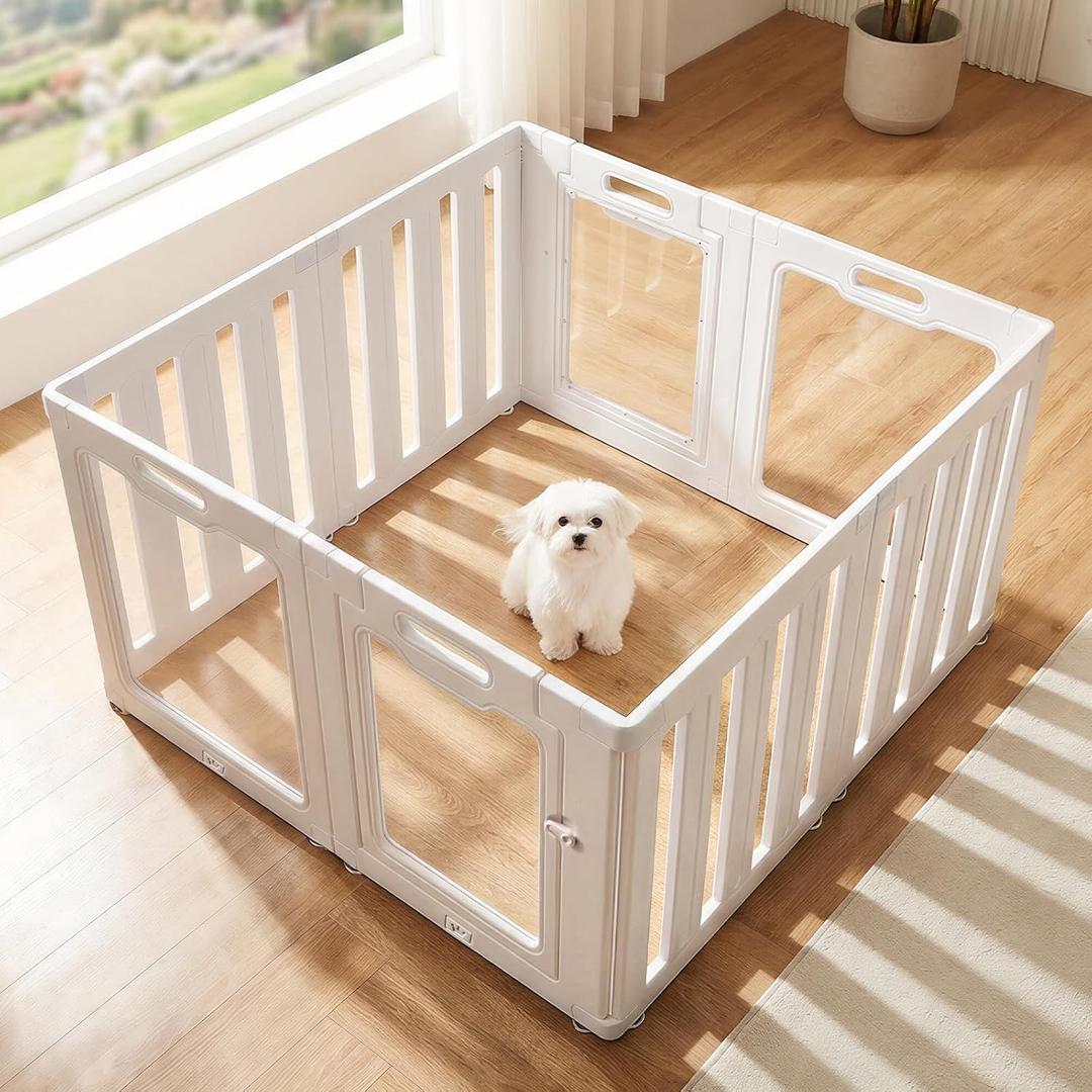 Soulbond Clear Acrylic Dog Playpen Indoor, Non-Slip,Tool-Free Assembly, External Door Lock Play Pen for Puppies and Small Dogs (24 Inch, White, 8 Panel)