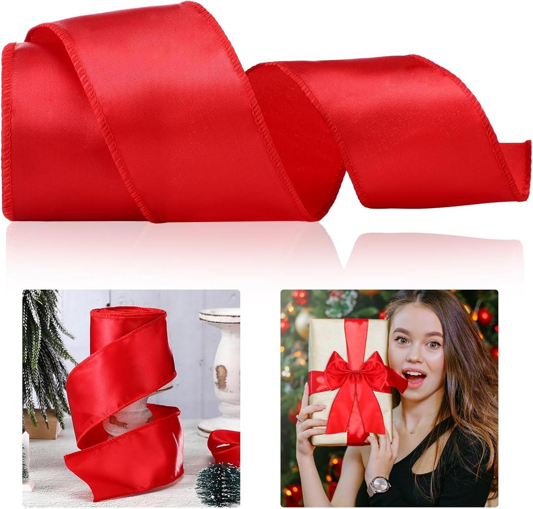 Xinnun 2.5 Inch Christmas Red Satin Wired Ribbon 20 Yards Red Wire Edge Ribbon Christmas for Wreaths Gift Wrapping Bows Making Crafts Xmas Tree Decoration Home Decor