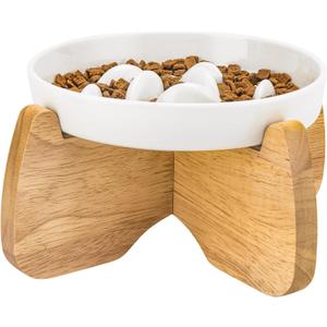 Raised Slow Feeder Cat Bowl with Stand, 6.3'' Wide Ceramic Elevated Shallow Slow Eating Cat Bowl for Dry/Wet Food, Anti-Vomiting Pet Puzzle Feeder, Whisker Friendly, Dishwasher Safe (White)
