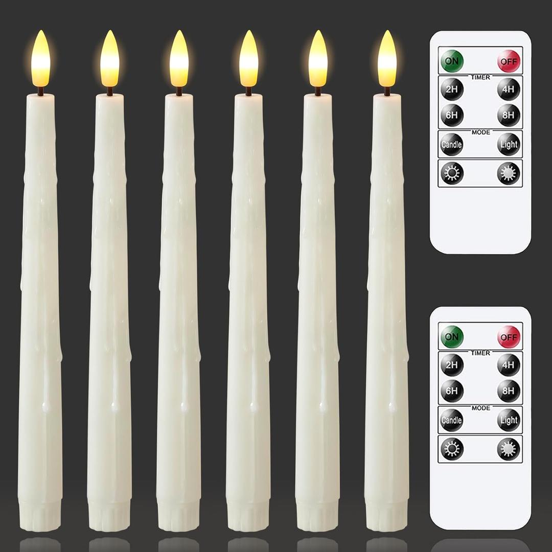 Flameless LED Ivory Remote 0.78" x9.6" Taper Candles with Timer and Dripping Wax, Plastic Set of 6 Battery Operated Flickering Fake Tall Window 3D Wick Candlesticks for Wedding and Home Decor