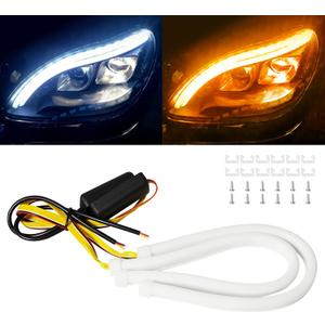 Qasim 12inch/30CM Sequential Switchback LED Strip 12V Car LED Flexible Strip Lights Dual Color White/Amber DRL Turn signal Lights Retrofit-2Pack