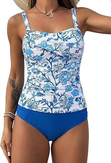 ZAFUL Tankini Swimsuits for Women Tummy Control Full Coverage High Waisted Twist Front Ruched Two Piece Bathing Suit 0-White XL