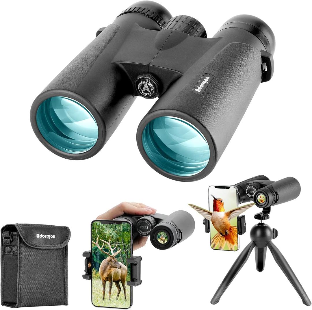 12x42 HD Binoculars for Adults High Powered with Phone Adapter, Tripod and Tripod Adapter - Large View Binoculars with Clear Low Light Vision - Binocular for Bird Watching Cruise Travel