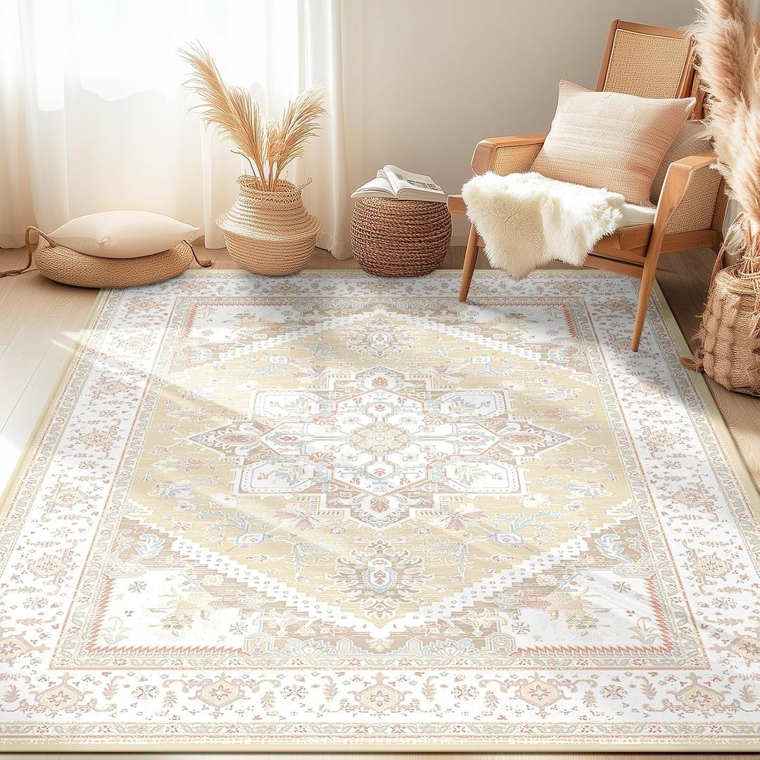 BESTSWEETIE 5x7 Area Rugs for Living Room Washable Non Slip Carpet Low Pile Soft Vintage Print Pattern Rug for Bedroom Dining Room Kitchen Entryway Indoor-Cream/Light Yellow/Brown/Blue/Red/Pink