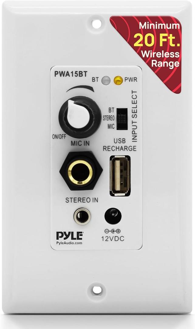 Pyle Wireless BT Receiver Wall Mount - 100W In-Wall Audio Control Receiver w/ Built-in Amplifier, USB/Microphone/Aux (3.5mm) Inputs, Speaker Terminal Block, Connect 2 Speakers, White - PWA15BT