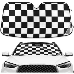Black White Checkered Windshield Sunshade Car Sun Shade Blocks UV Rays Visor Protector Accordion Folding Sun Reflector Auto Sunshade for Truck SUV