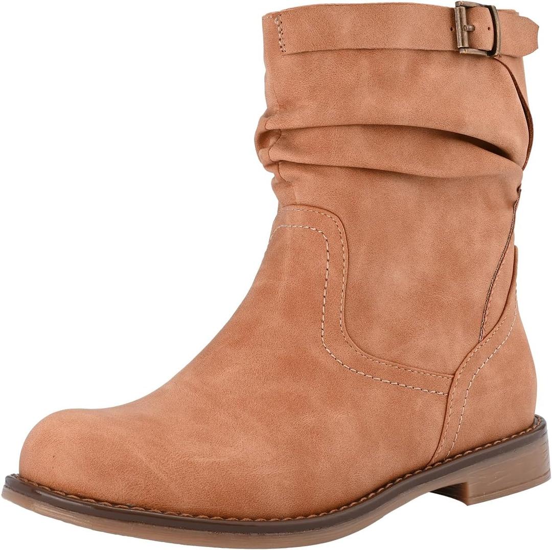 Shoe'N Tale Women's Mid Calf Boots Slouchy Round Toe Flat Low Heel Riding Boots With Side Zipper