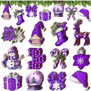 Huwena 36 Pcs Christmas Wooden Ornaments Purple Christmas Decorations for Tree Snowman Gnomes Poinsettia Flowers Truck Wreath Wood Cutouts Tags with Ropes Winter Decor for Christmas Tree Gifts