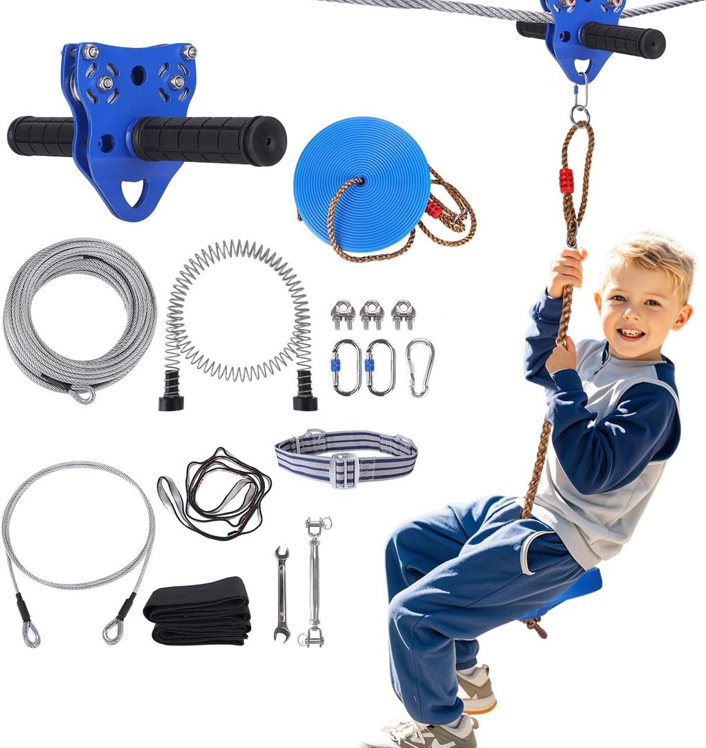 150 FT Zipline for Backyard Kids and Adults, Adjustable Zip Line Kit for Adult Outdoor 390 LBS Removable Non-Slip Trolley Play Playground Entertainment