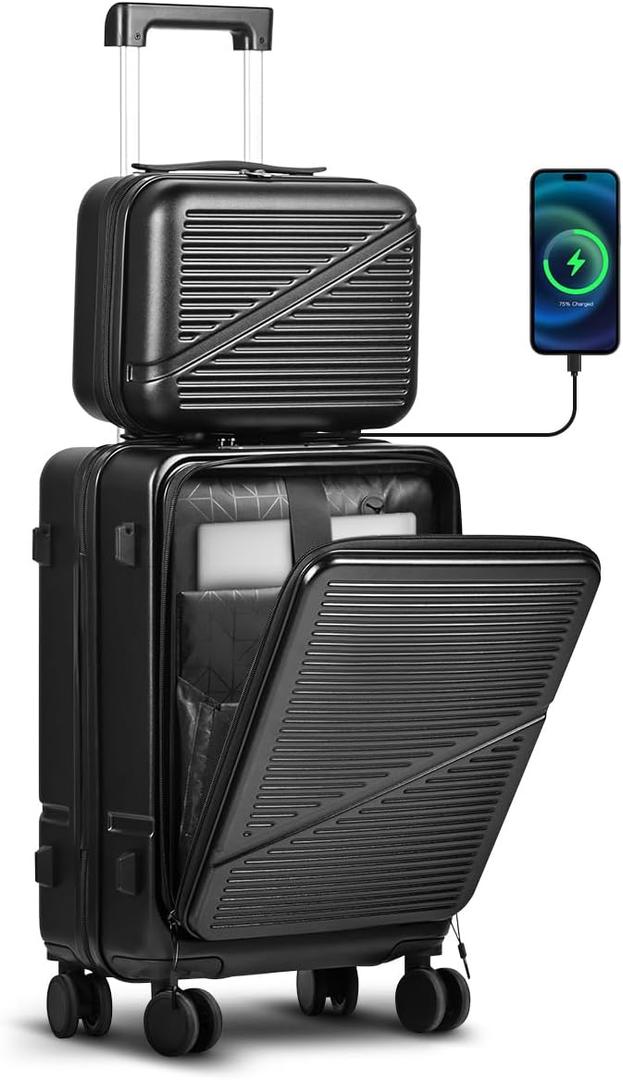 Carry On Luggage 22x14x9 Airline Approved, Hard Shell Spinner Suitcase with Front Laptop Pocket, USB Charging Port & TSA Lock, 20 Inch Rolling Luggage with Cosmetic Case, 2-Piece Set