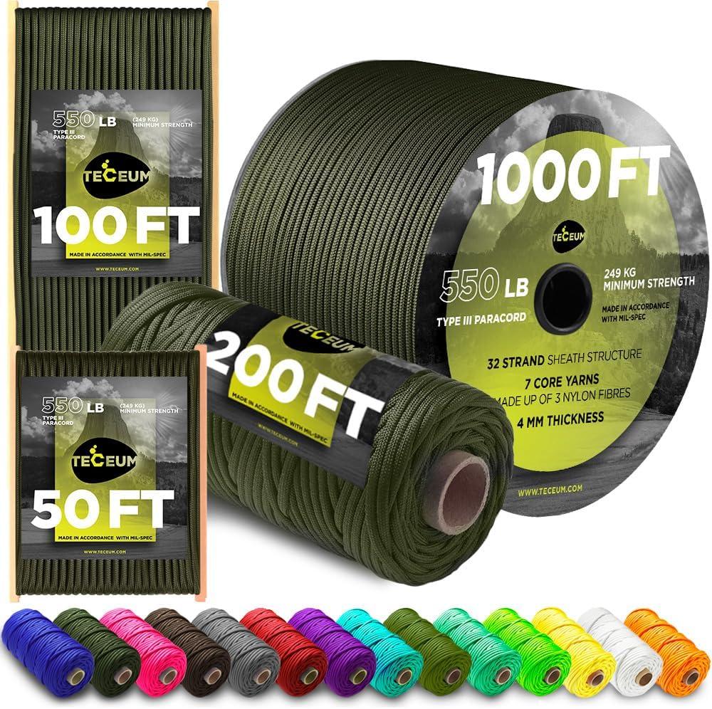 TECEUM 5/32" Paracord Rope 1000  1000ft / 200ft / 100ft / 50ft  Tactical Parachute Cord 4mm  45+ Colors  Nylon String for Survival & Camping Gear  Stripe Cord for Survival  Utility Rope (Army Green)