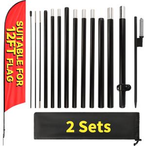 2 Sets 14FT Heavy Duty Feather Flag Pole Kit for 12FT Swooper Flags, Portable Reinforced Aluminum Banner Pole with Rotating Ground Stake, Ideal for Outdoor Advertising, Storefronts (14FT, 2 Sets)