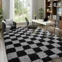 Rezutan Extra Large Fluffy Area Rug for Bedroom Living Room, Checkered 9x12 Feet Modern Indoor Carpets Room Black Grey Rugs, Plush Indoor Nursery Classroom Home Decor Rug with Non-Slip Bottom