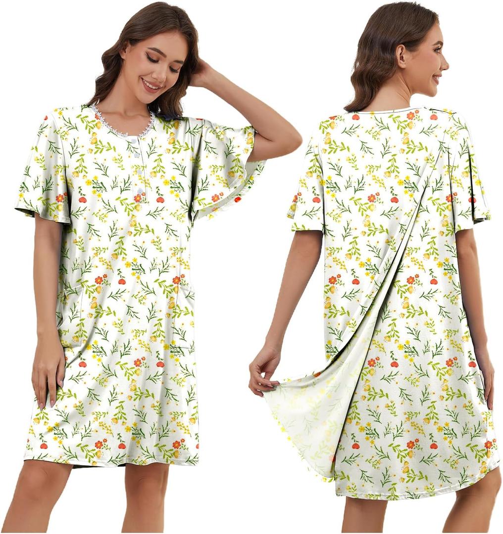 Post Surgery Hospital Gowns for Women Open Back Ruffle Sleeve Patient Gown Tear Away Adaptive Dress with Pockets, Floral Yellow, XX-Large