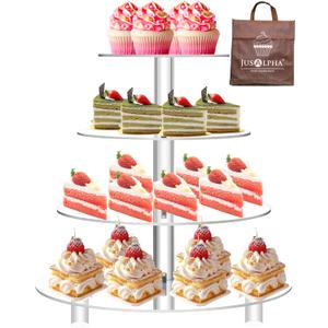Jusalpha Large 4 Tier Cupcake Stand,Acrylic Round Cake Stand Dessert Tower Tea Party Serving Platter, Cupcake Tree Wedding Party Dcor, Stand with Rod Feet (4RF)