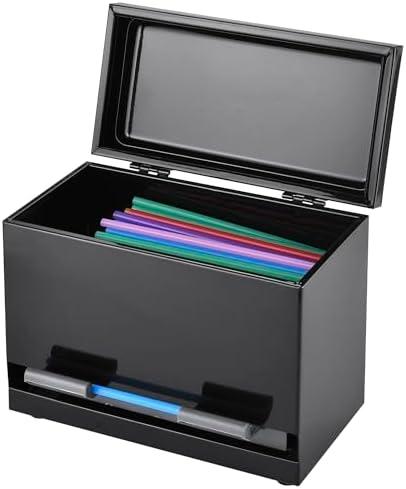 2Fold Stainless Steel Straw Dispenser - Drinking Straw Holder For Bulk Unwrapped Paper and Disposable Plastic Straws - Includes Custom Label Stickers (Black)