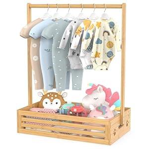 BAMBOOHOMIE Baby Clothing Rack for Toddler, Pets Clothes Rack with Storage Box & Adjustable Hanging Rod for Dogs/Cats, Baby Shower Clothes Closet Rack with Handle for Nursery Room (Natural, Baby)
