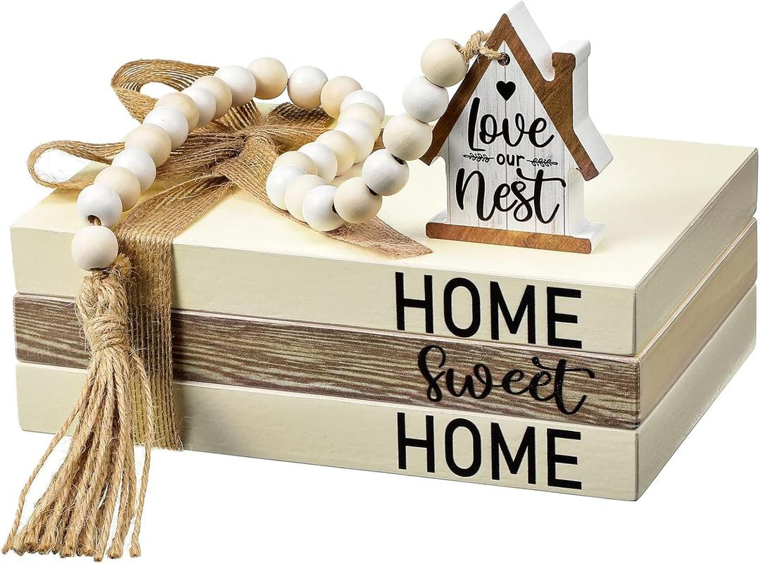 Tatuo 4 Pcs Wooden Farmhouse Decorative Books for Home Decor Coffee Table Faux Books for Decoration White Fake Decorative Home Sweet Stacked Display Set with Beads Garland Shelf Living Room Decor