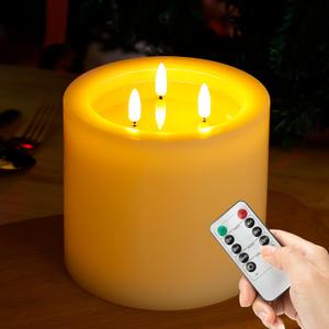 Extra Large Flameless Candles with 3 Wicks, 6"x6" Real Wax Battery Operated Candles with Remote and Timer, Flickering LED Candles Fake Candle for Home, Wedding, Party, Ivory
