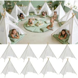 8 Pack Teepee Tent for Kids with Lights, Cotton Indoor Play Teepee with Pompom for Girls & Boys, Sleepover Tents for Boho Slumber Spa Party, 17 inches x 7 inches x 8 inches