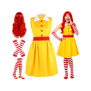 TaoBary 4 Pcs Halloween Fast Food Clown Waitress Costume Set for Women Long Arm Gloves Knee High Socks Red Wig for Cosplay XL TaoBary 4 Pcs Halloween Fast Food Clown Waitress Costume Set for Women Long Arm Gloves Knee High Socks Red Wig for Cosplay XL