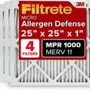 Filtrete 25x25x1 AC Furnace Air Filter, MERV 11, MPR 1000, Micro Allergen Defense, 3-Month Pleated 1-Inch Electrostatic Air Cleaning Filter, 4 Pack (Actual Size 4-Pack 24.688x24.688x0.813 in)