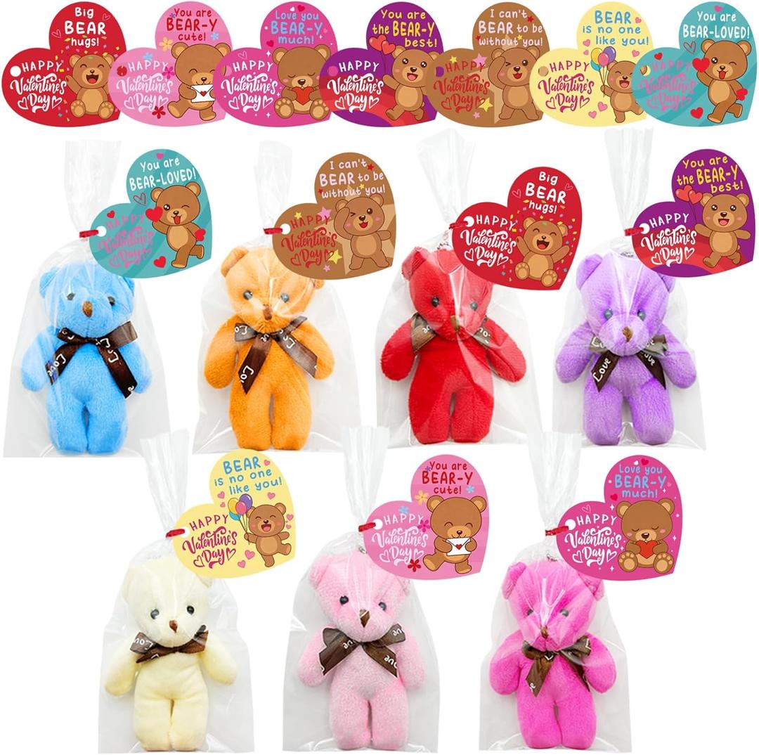 28 Pack Valentines Day Gifts Cards with Bears Plush Toys, Mini Stuffed Animals with Valentine's Greeting Cards for Kids Classrom School Exchange Prize Party Favors(Heart Cards-2)