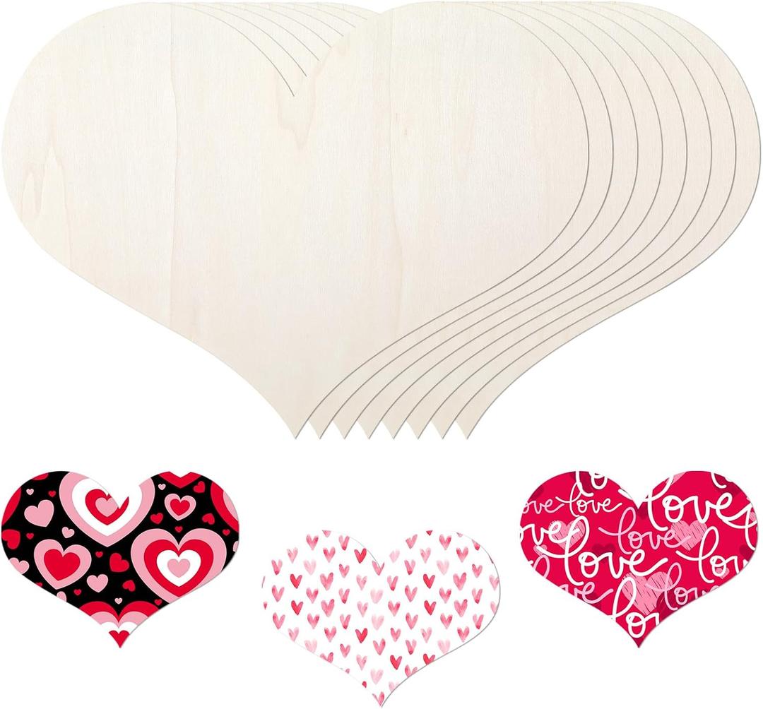 12 Pack 12 Inch Valentine Wood Heart Cutouts for Crafts Unfinished Blank Wooden Heart Shape Wood Slices DIY Art for Wedding Home Valentine Party Decoration