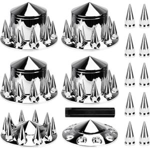 Chrome ABS Complete Axle Cover Set, 2 Front and 4 Rear with Hub Caps and 33mm Screw-On Spiked Lug Nut Covers for Semi Trucks