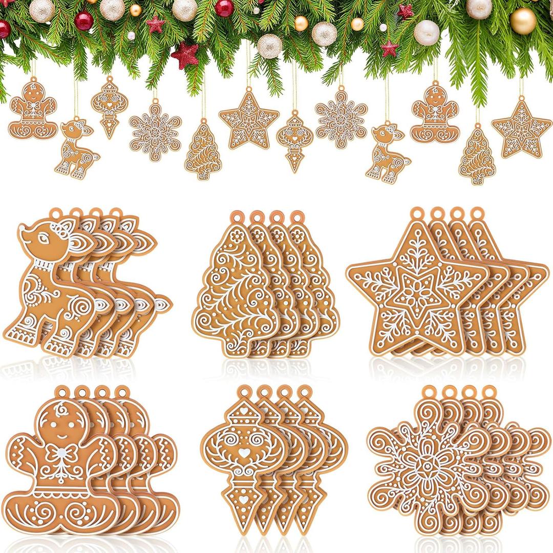 Soaoo 24 Pcs Gingerbread Cookie Ornaments, Gingerbread Ornaments for Christmas Tree, Mini Snowflake Reindeer Hanging Christmas Decorations for Xmas Tree Winter Holiday Crafts, 6 Designs