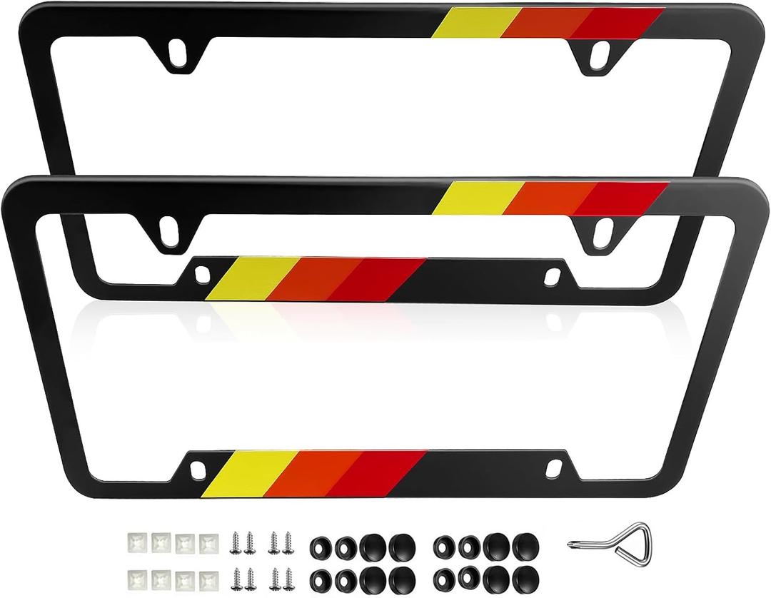 Matte Black Stainless Steel License Plate Frame,Stronger Than Aluminum, Rustproof, Sporty Red Stripe, Includes Screws & Caps, Perfect for US Plates, Durable Car Accessories,2PCS (Tri-color-Yellow Red)