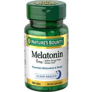Nature's Bounty Melatonin, 100% Drug Free Sleep Aid, Promotes Relaxation and Sleep Health, 1mg, 180 Tablets