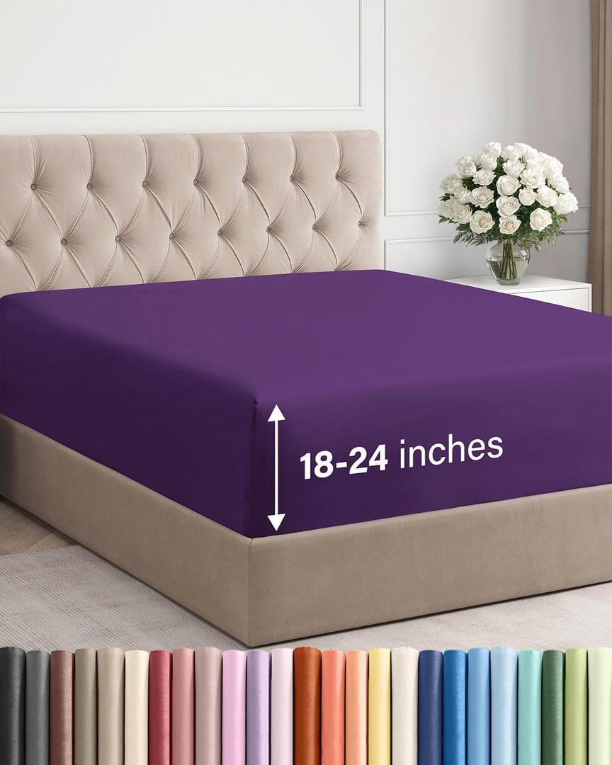 Extra Deep Queen Fitted Sheet - Hotel Luxury Single Fitted Sheet Only - Easily Fits 18 inch to 24 inch Mattress - Ultra Soft, Wrinkle & Fade Free with Extra Deep Pockets - Breathable & Comfy - Purple