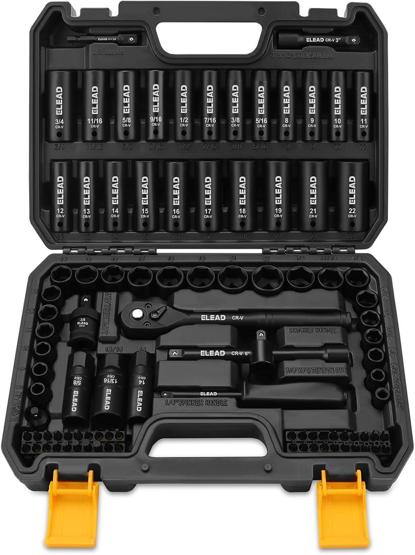 ELEAD 3/8" Drive Impact Socket Set, 96-Piece Deep & Shallow Socket Set Metric and Standard Full with Adapters, Ratchet Handle, Universal Joint, Extension Bar, Screwdriver Bit Set, Spark Plug Socket